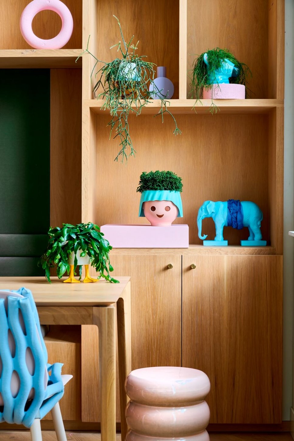 Moderner Wohnraum mit schrillen Blumenkasten gefüllt mit Zimmerpflanzen