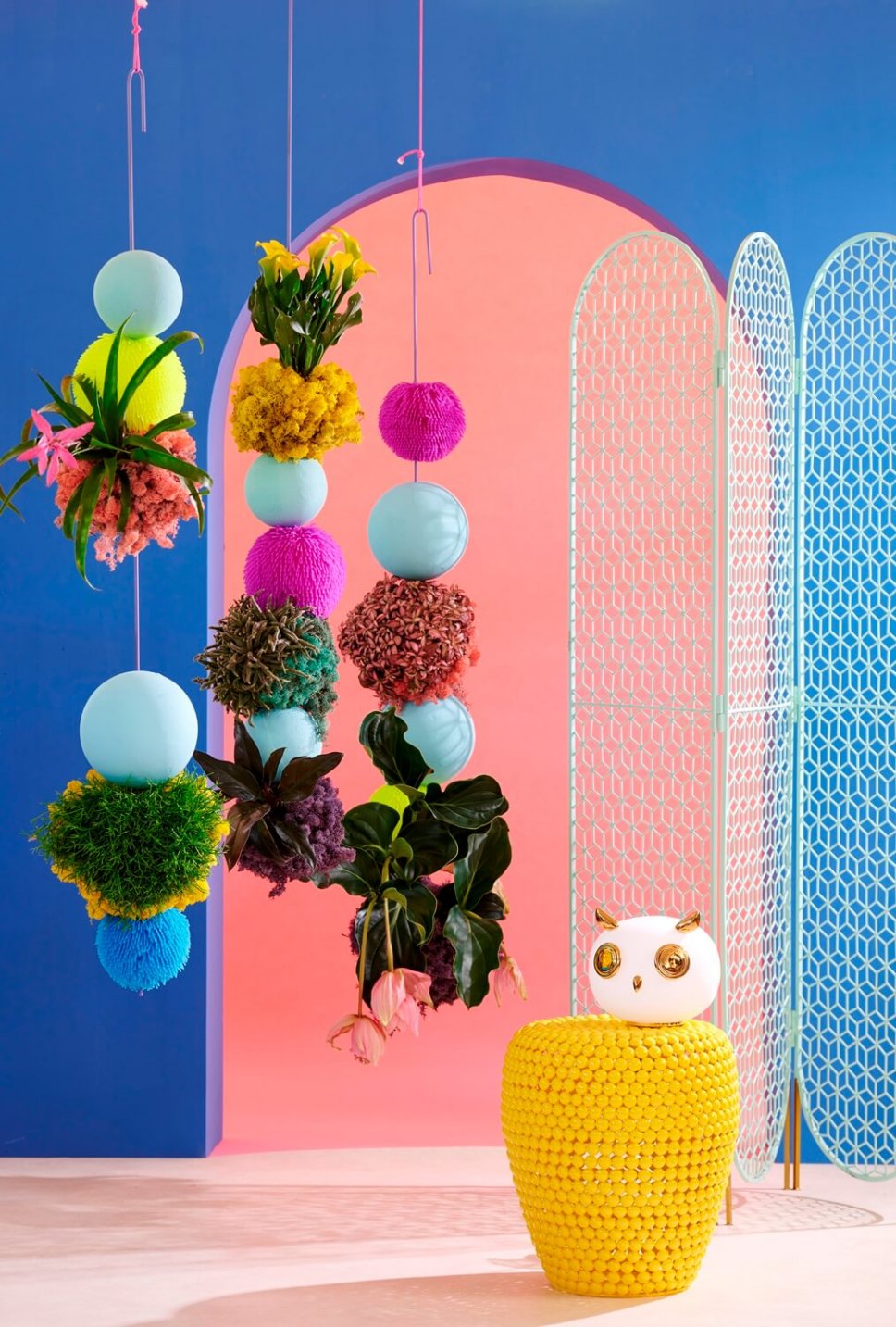 Moderner Wohnraum mit bunten Zimmerpflanzen in Hängeampeln