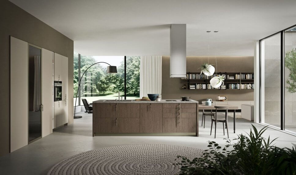 Moderne offene Küche als Raum im Raum-Konzept mit integrierter Speisekammer, Kücheninsel und Esstisch