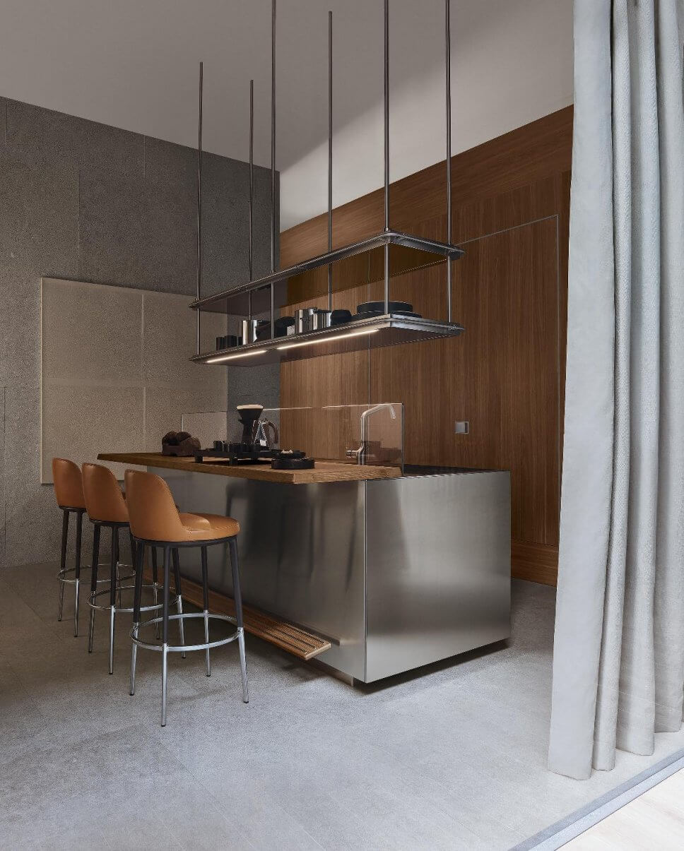 Moderne offene Küche als Raum im Raum-Konzept mit integrierter Speisekammer, Kücheninsel und Esstheke