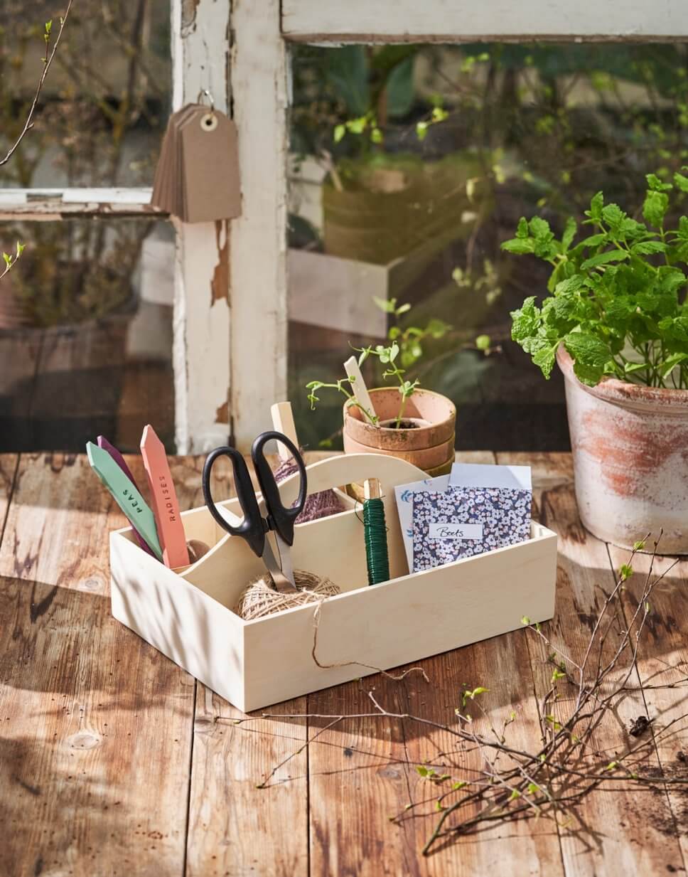 Blumentöpfe und Gartenwerkzeug auf Holztisch