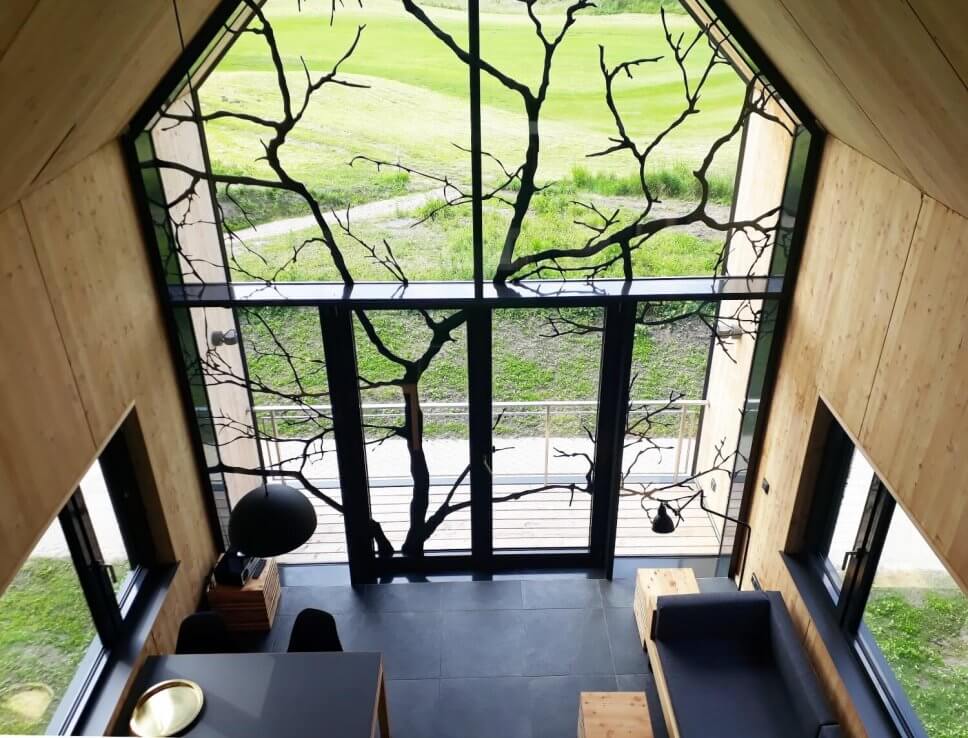 Blick aus Baumhaus zum Wohnen auf Wiese