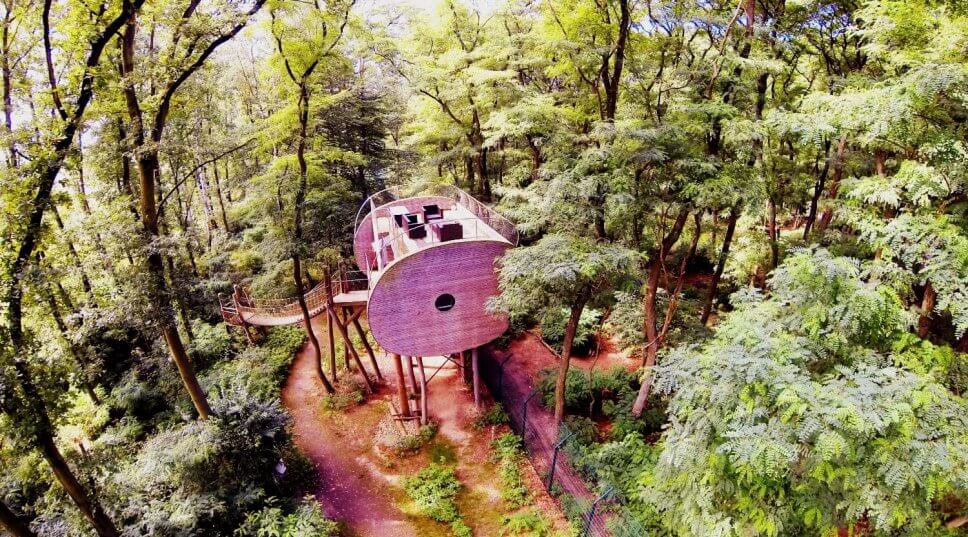 Großes Baumhaus zum Wohnen auf Stelzen im Wald