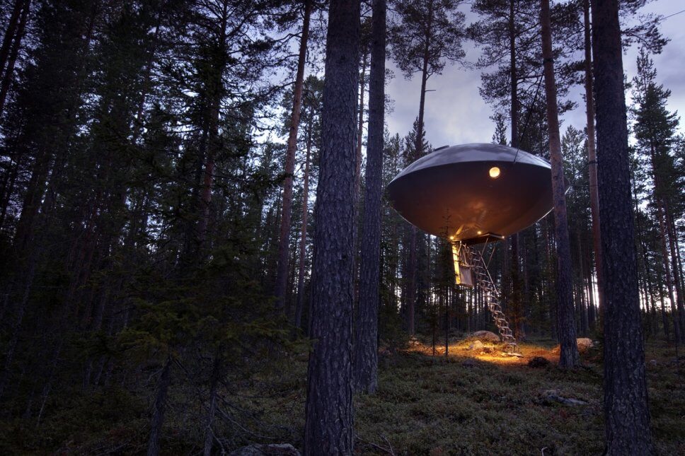 Großes Baumhaus in Form eines Ufos im Wald