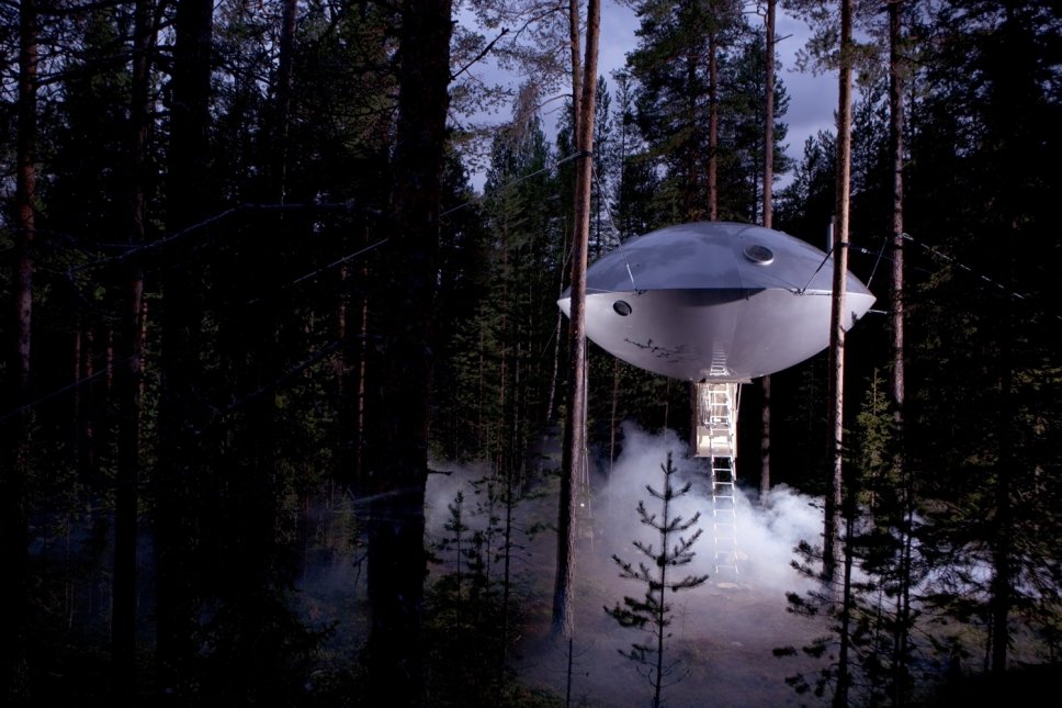 Großes Baumhaus in Form eines Ufos im Wald