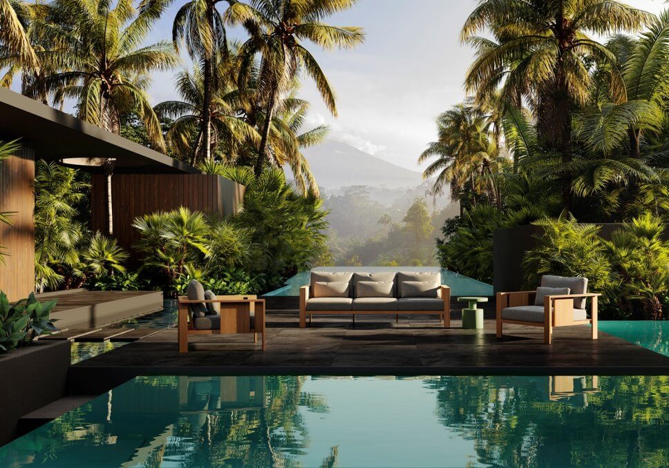 Modernes Gartensofa auf Terrasse neben Pool