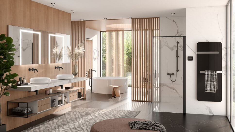 Modern eingerichtetes Badezimmer mit schwarzen Armaturen