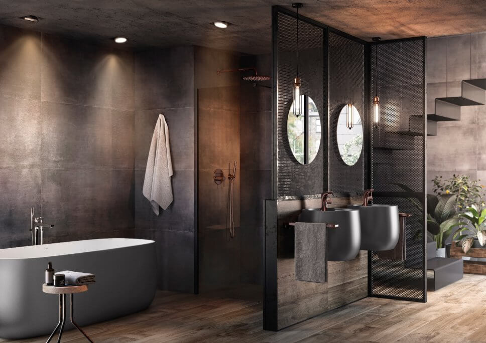 Modern eingerichtetes Badezimmer mit schwarzer Badewanne und Waschbecken