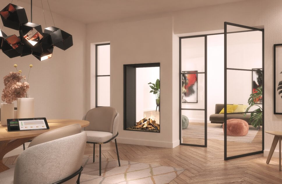 Modern eingerichtetes Wohnzimmer mit Kaminofen im Mittelpunkt