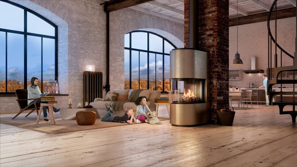 Modern eingerichtetes Wohnzimmer mit Kaminofen im Mittelpunkt