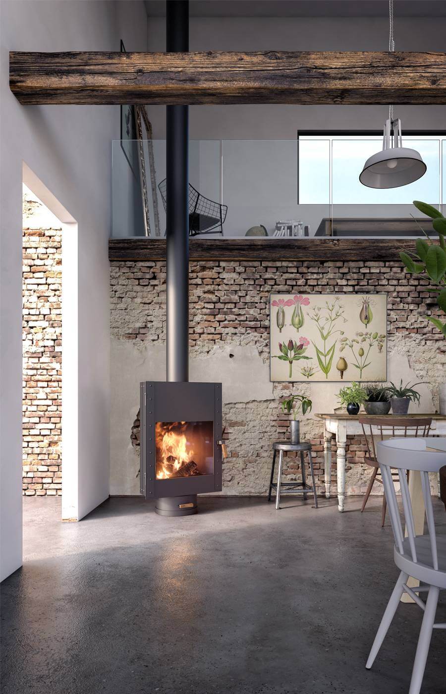 Modern eingerichtetes Wohnzimmer mit Kaminofen im Mittelpunkt