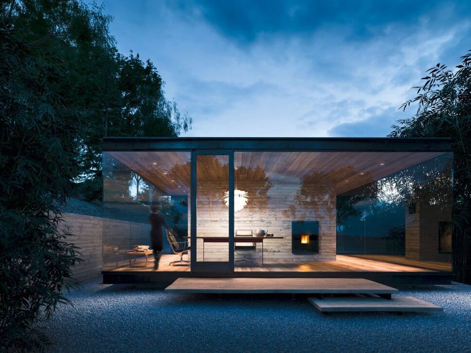 Modern eingerichtetes Wohnzimmer mit Kaminofen im Mittelpunkt