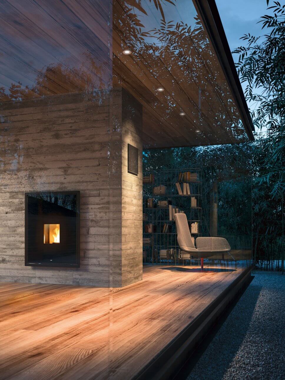 Modern eingerichtetes Wohnzimmer mit Kaminofen im Mittelpunkt