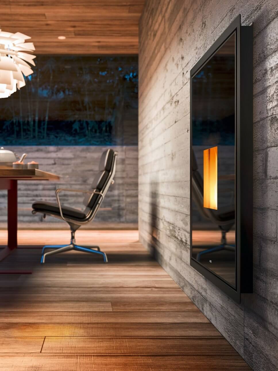 Modern eingerichtetes Wohnzimmer mit Kaminofen im Mittelpunkt