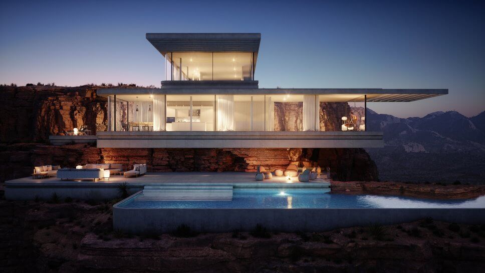 Modernes Haus mit Außenleuchten stimmungsvoll beleuchtet