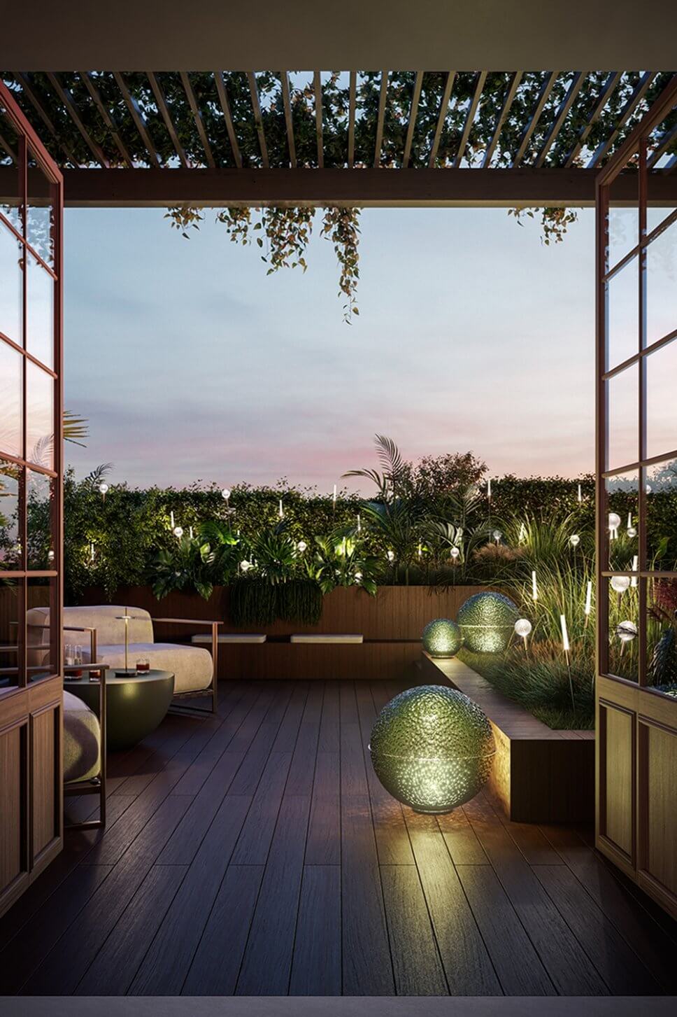 Terrasse mit Außenleuchten stimmungsvoll beleuchtet