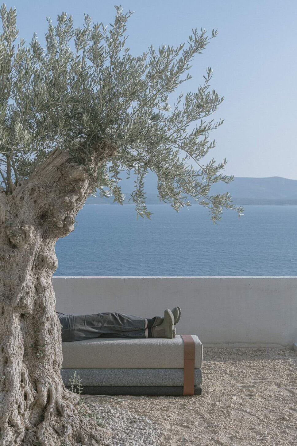 Mensch liegt auf einer Polsterbank unter einem Olivenbaum am Meer