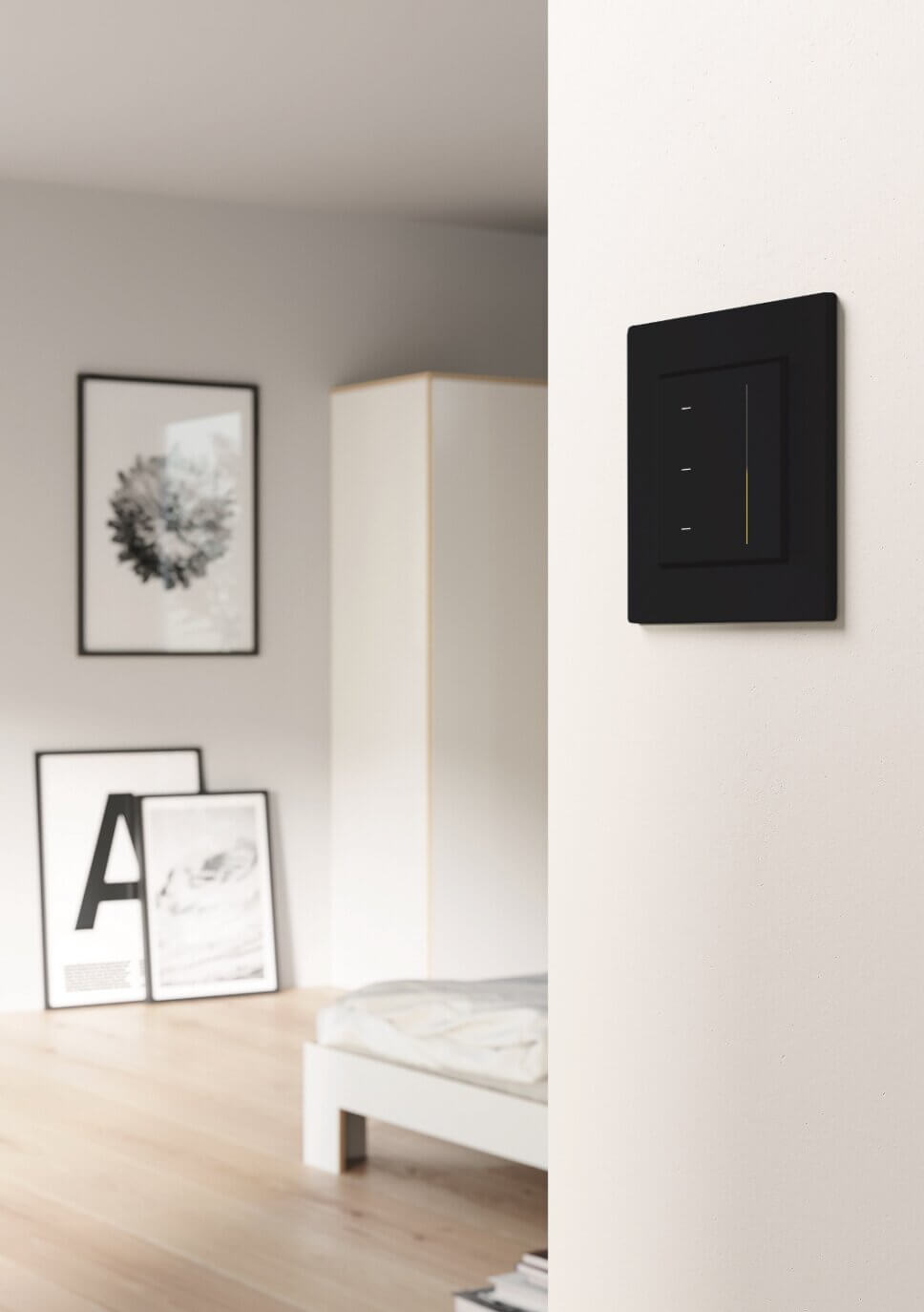 Eleganter Schalter mit Lichtstreifen in modern eingerichtetem Wohnzimmer