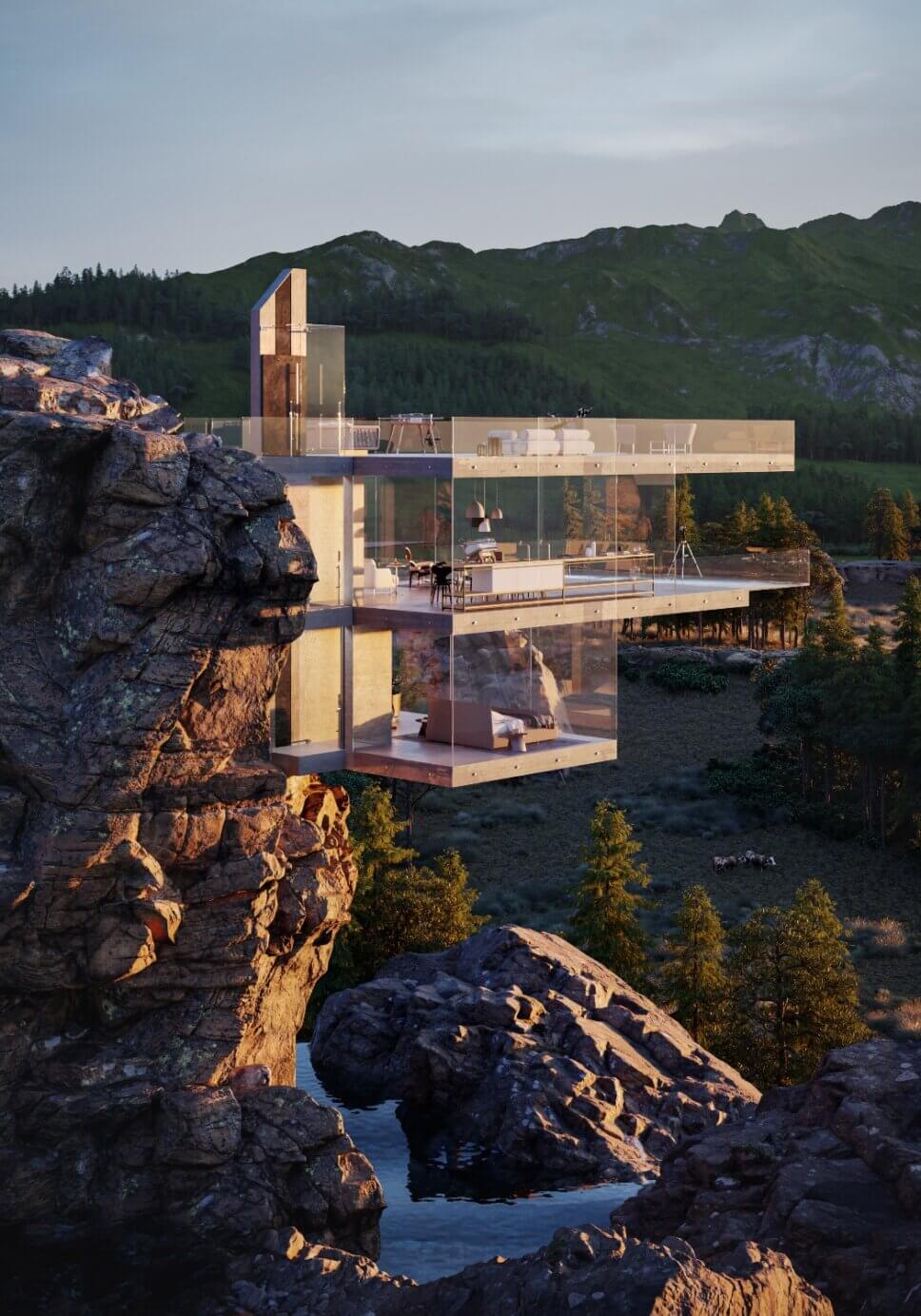 Gläserner Mini-Aufzug in moderner Architektur mit Bergpanorama