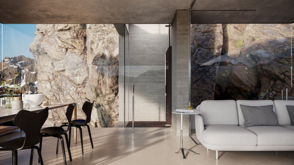 Gläserner Mini-Aufzug in moderner Architektur mit Bergpanorama