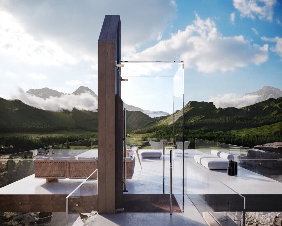 Gläserner Mini-Aufzug auf Dachterrasse moderner Architektur mit Bergpanorama
