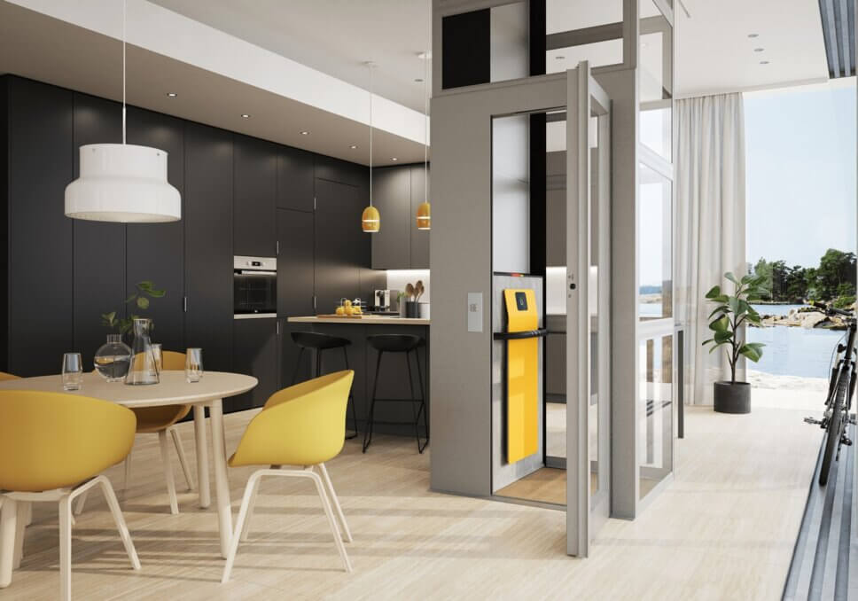 Gläserner Mini-Aufzug in modern eingerichtem Haus