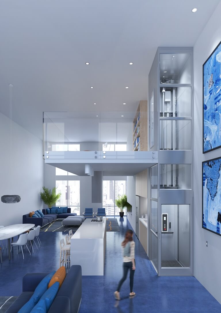 Gläserner Mini-Aufzug in modern eingerichtem Haus