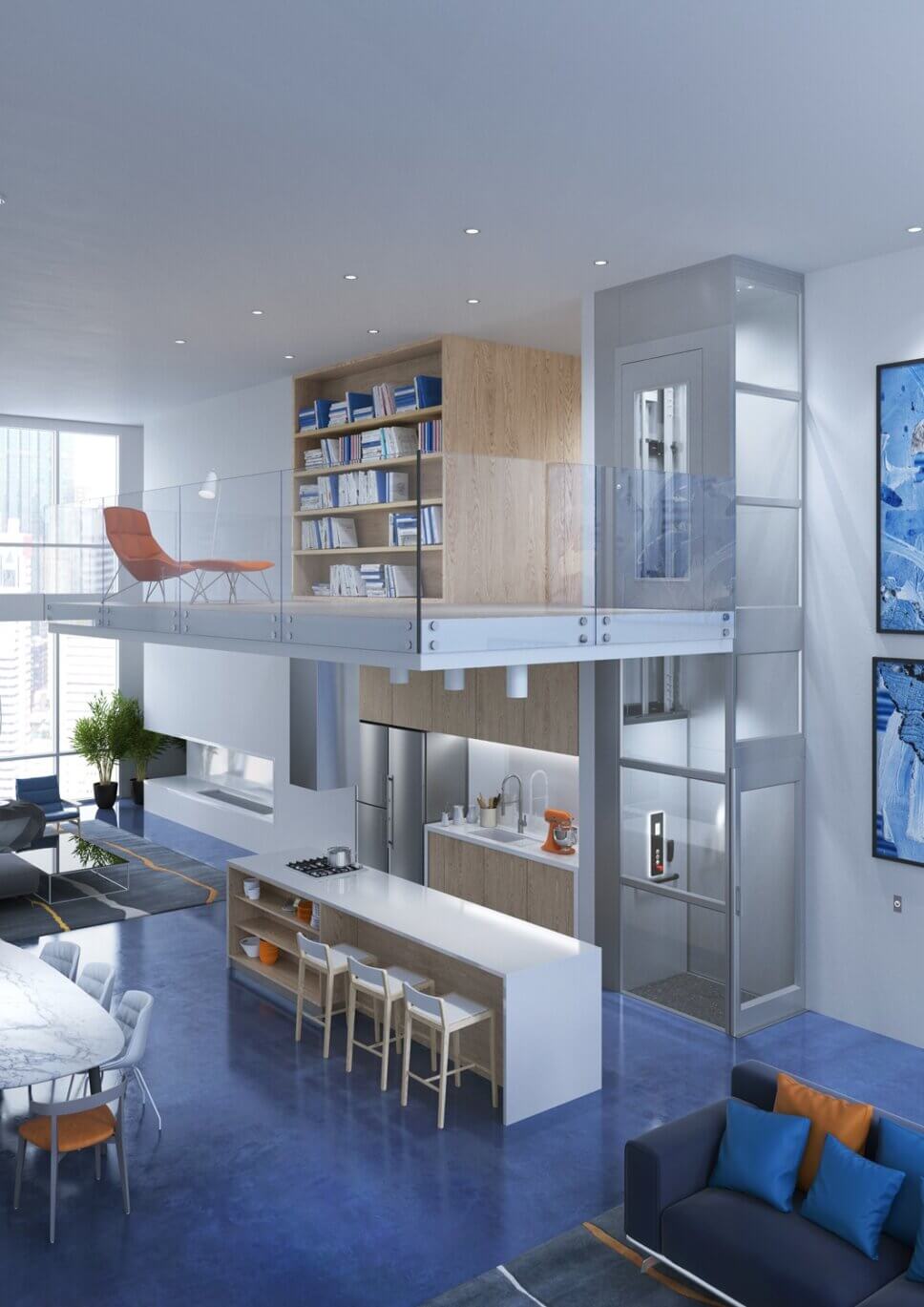 Gläserner Mini-Aufzug in modern eingerichtem Haus