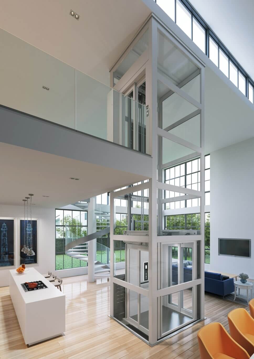 Gläserner Mini-Aufzug in modern eingerichtem Haus