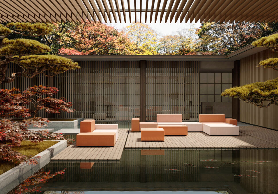 Modernes Gartensofa auf Terrasse neben Pool