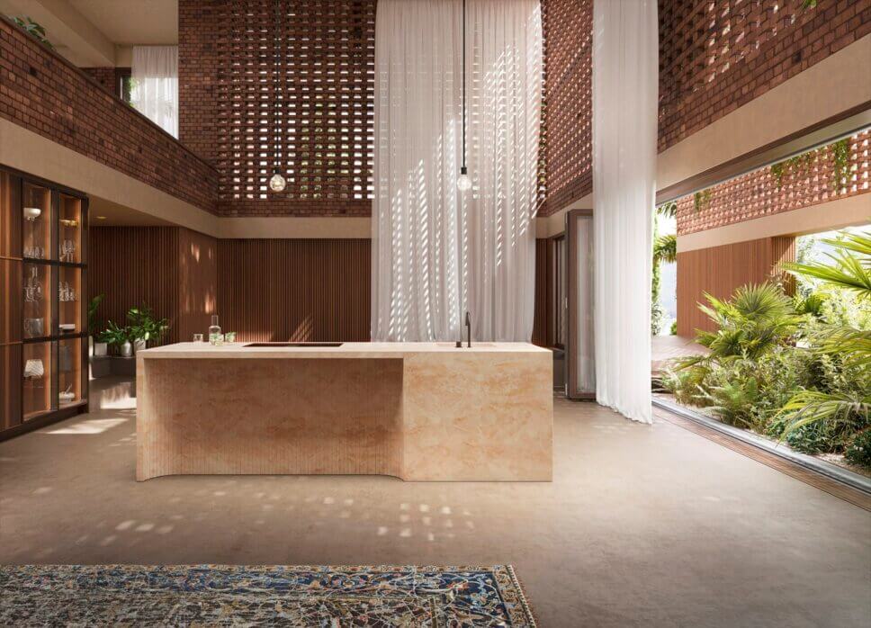 Offene modern eingerichtete Küche mt Kücheninsel