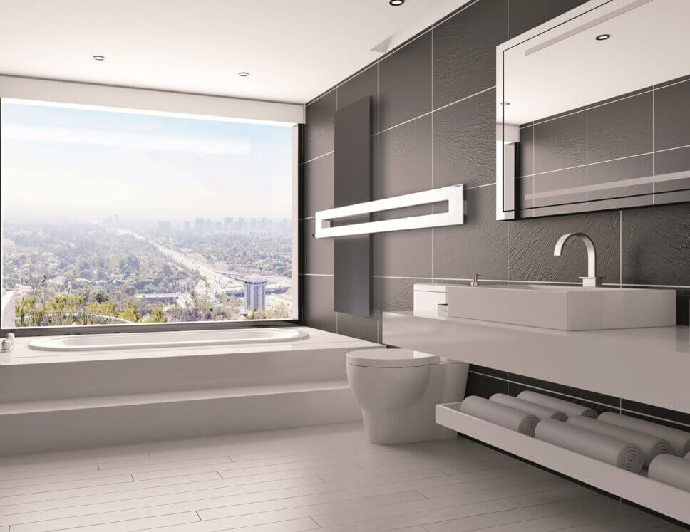 Modern eingerichtetes Badezimmer mit formschön gestaltetem Heizkörper