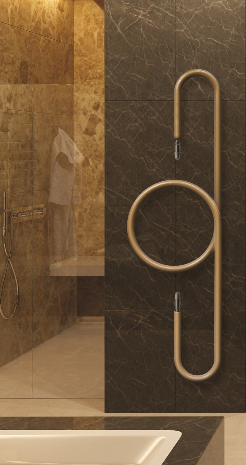 Modern eingerichtetes Badezimmer mit formschön gestaltetem Heizkörper