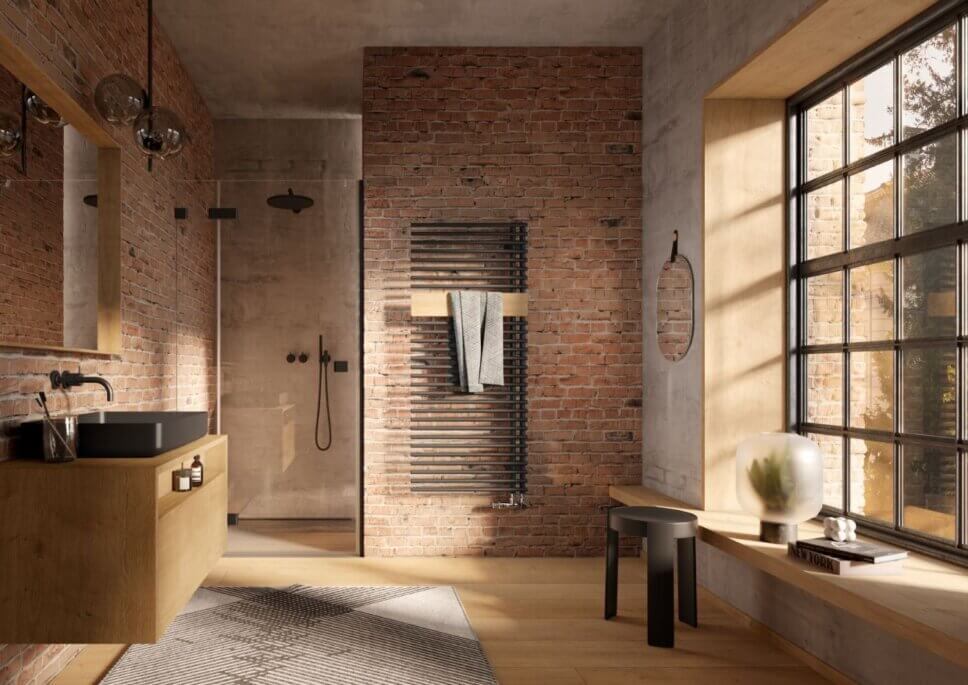 Modern eingerichtetes Badezimmer mit formschön gestaltetem Heizkörper