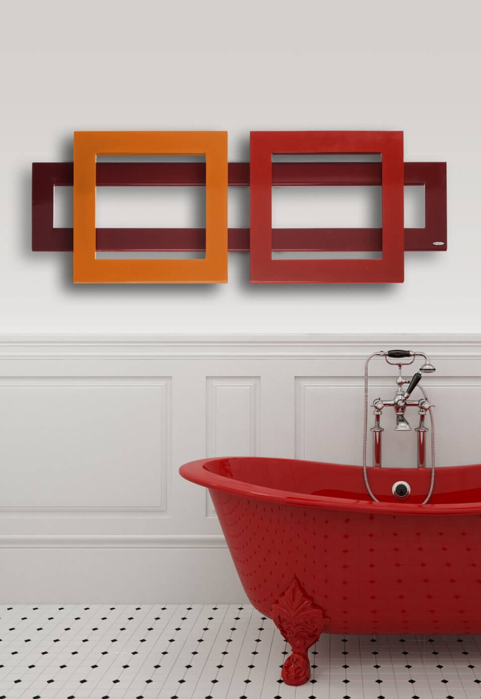 Modern eingerichtetes Badezimmer mit formschön gestaltetem Heizkörper