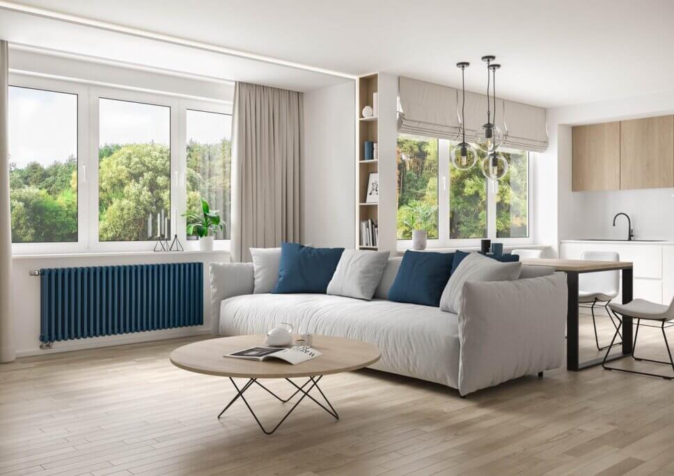 Modern eingerichtetes Wohnzimmer mit formschön gestaltetem Heizkörper