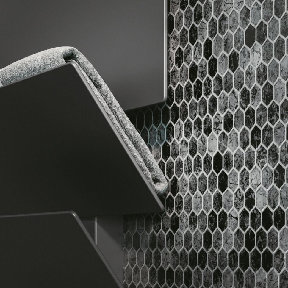 Modern eingerichtetes Badezimmer mit formschön gestaltetem Heizkörper