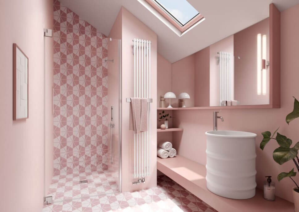 Modern eingerichtetes Badezimmer mit formschön gestaltetem Heizkörper