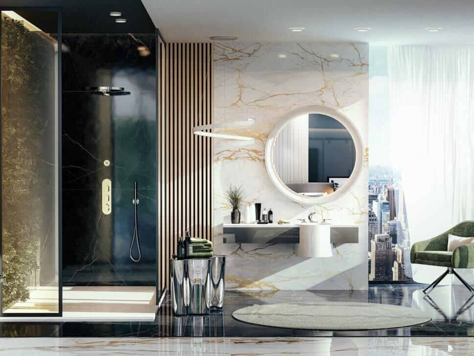 Modern eingerichtetes Badezimmer mit Waschbecken und Dusche