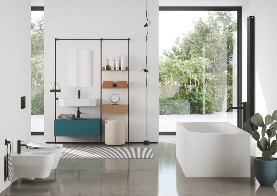Modern eingerichtetes Badezimmer mit Waschbecken und Badewanne