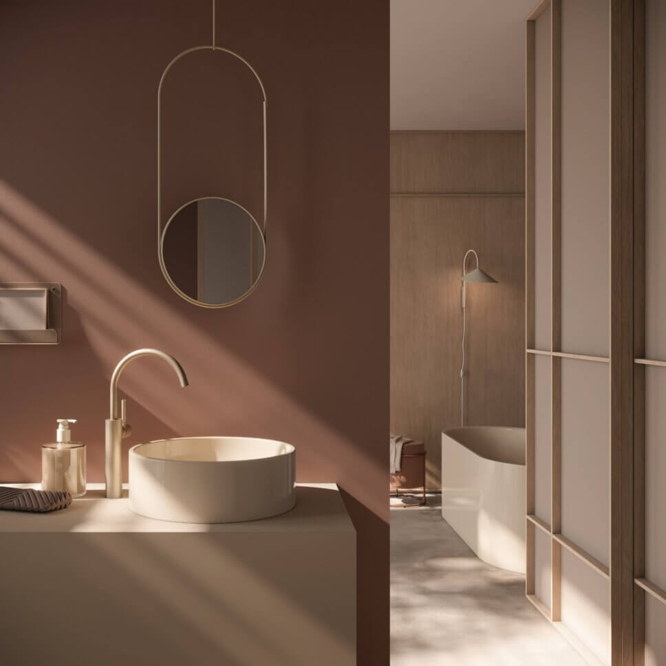 Modern eingerichtetes Badezimmer mit Waschbecken und Badewanne