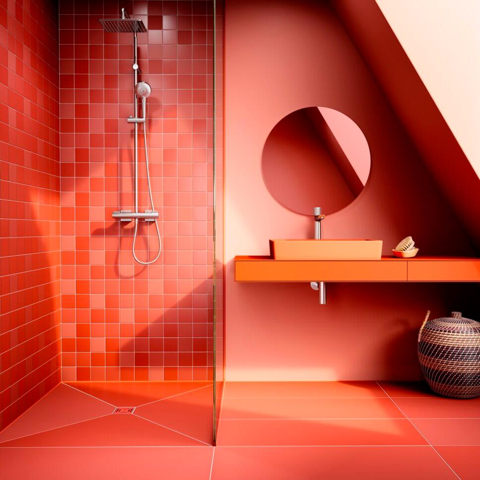 Modern eingerichtetes Badezimmer mit Waschbecken und Dusche