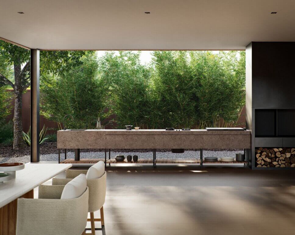 Modulare Outdoorküche mit Spülbecken und Grillplatte auf Terrasse