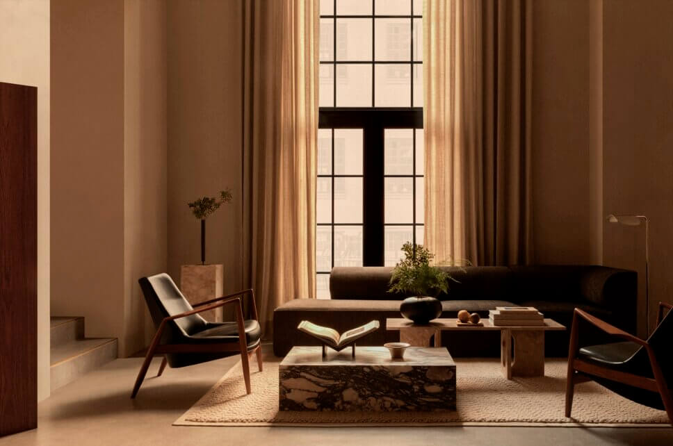 Mit Designermöbeln skandinavisch eingerichtetes Wohnzimmer in Altbau