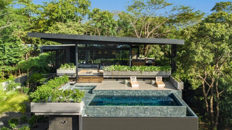 Moderne Architektur aus Holz und Glas im tropischen Regenwald