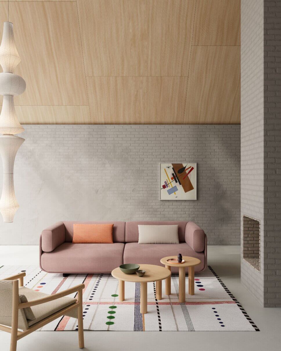 Modern eingerichtetes Wohnzimmer mit Rosa Sofa