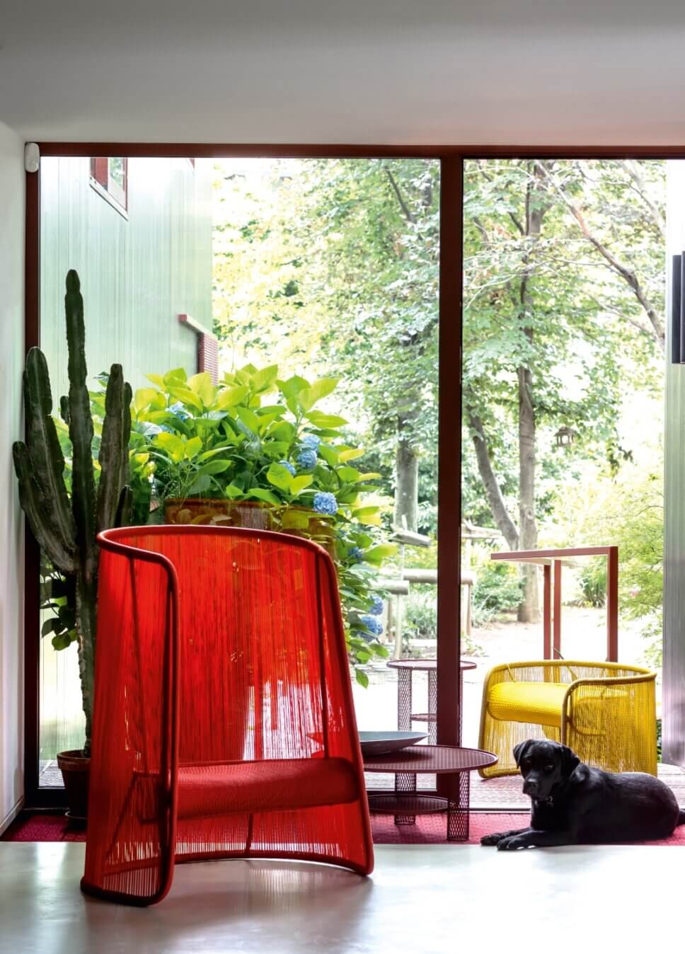 Moderne Gartensessel auf Terrasse und im Wohnzimmer