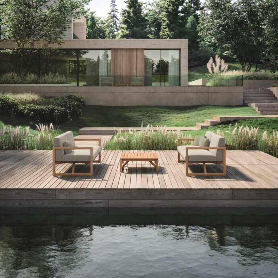 Moderne Gartensessel und Outdoorsofa auf Terrasse