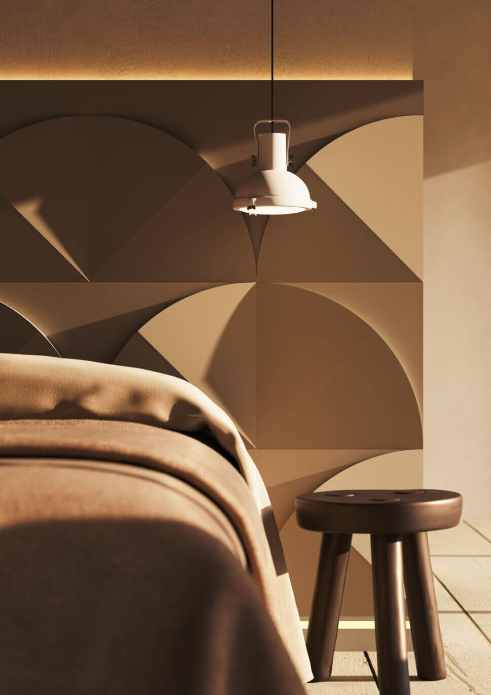 Mit Bogenelementen gestaltete Rückwand hinter Bett im modern eingerichteten Schlafzimmer