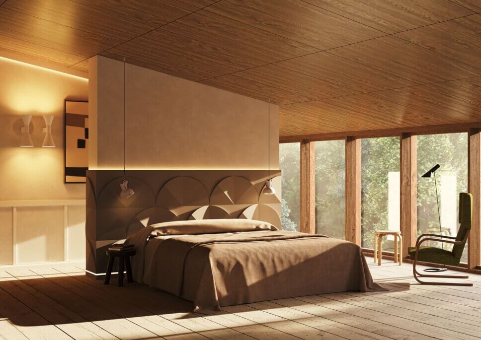 Mit Bogenelementen gestaltete Rückwand hinter Bett im modern eingerichteten Schlafzimmer